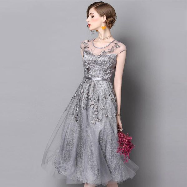 

elegant women party dress o-neck embroidery leave mesh stain delicacy summer dresses for ladies casual, Black;gray