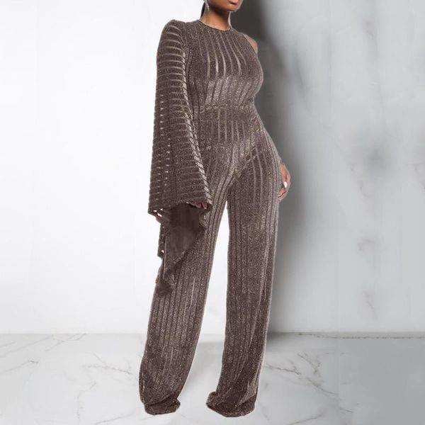 

women's jumpsuits & rompers one shoulder flare sleeve wide leg women high waist corduroy solid loose long romper, Black;white