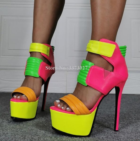 

woman mixed color leather platform sandals shoes candy stiletto heel gladiator lady real pos party, Black