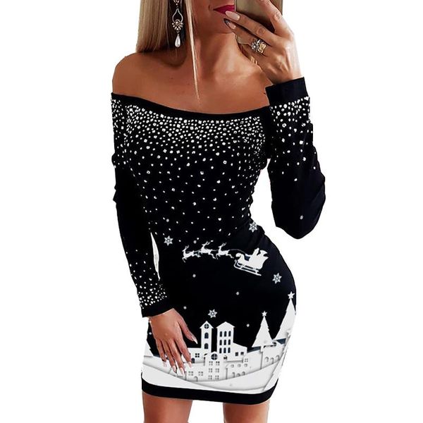 

christmas printed diamonds women winter slash neck off shoulder long sleeve mini party robe ladies sheath dress sj7334m casual dresses, Black;gray