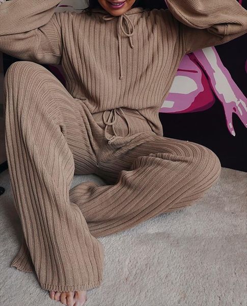 

casual solid rib knit clothing womenpant sets long sleeve hooded hoodies high waist drawstring straight pants lady loungewear, White