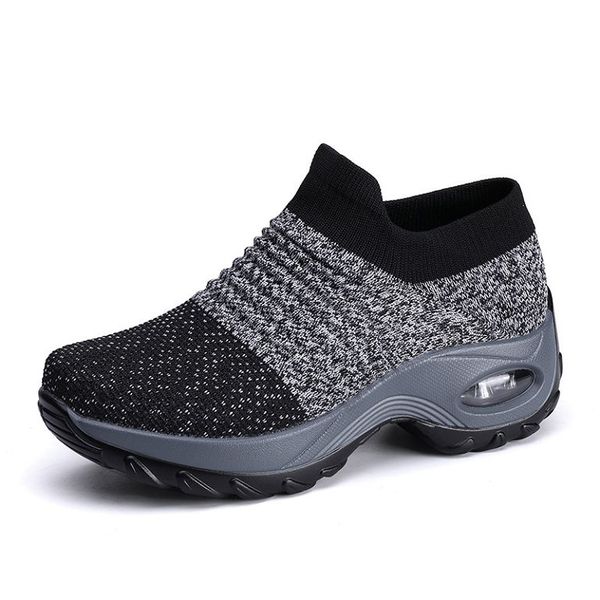 

air cushion bottom gym shoes womens anti fatigue hiking slip on mixed color fitness boot ankle sock shoe z2, Black;yellow