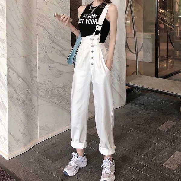 

women's jumpsuits & rompers one shoulder strap adjustable suspender loose high waist overalls women streetwear solid straight pant casu, Black;white