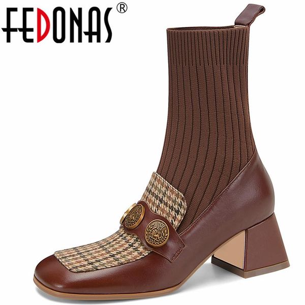 

boots fedonas vintage knitting socks women ankle autumn winter genuine leather square toe thick heels working shoes woman, Black