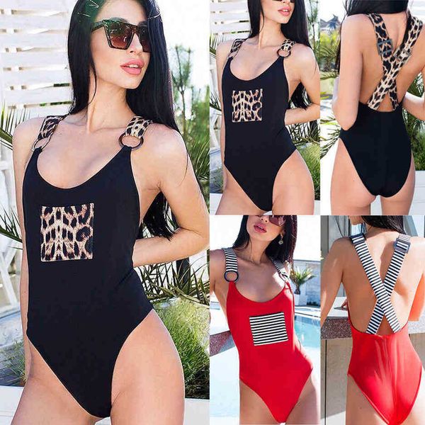 

women's swimwear leopard strap pocket bikini one piece 19c312, White;black