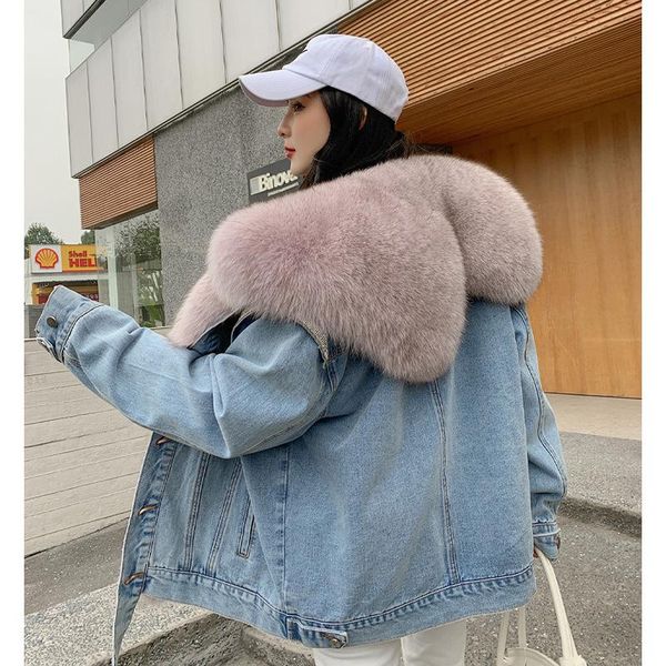 

women's fur & faux denim jacket with natural 2021 winter coat removable inner liner real big collar genuine clothes female, Black