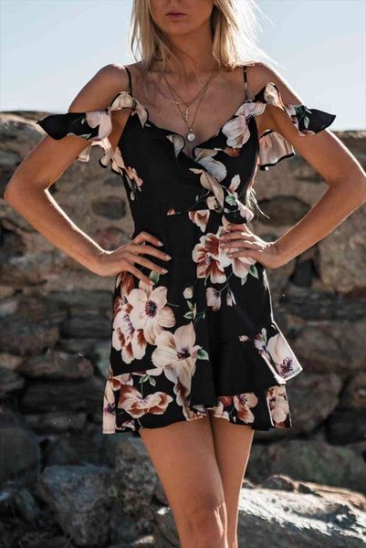 

summer boho floral printed womens dresses off shoulder spaghetti strap short sundress beach party mini women, Black;gray
