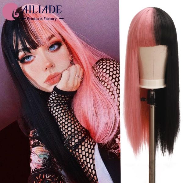 

synthetic wigs ailiade long straight bangs cosplay for women black pink red party lolita false hair