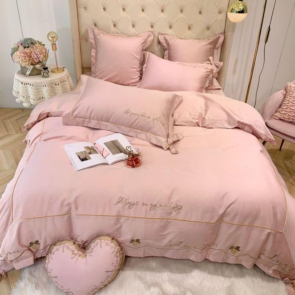

solid pink red girls bedding love you embroidery duvet cover 4/7pieces set king  size bed sheet pillow shams sets