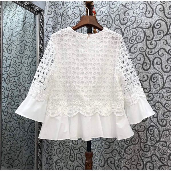 

capris 2021 autumn fashion women hollow out lace embroidery patchwork flare sleeve casual white dark blue striped top, Black;gray