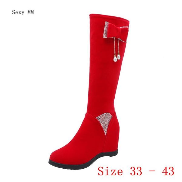 

spring autumn wedges women knee high boots height increasing heels woman thigh small plus size 33 - 40 41 42 43, Black
