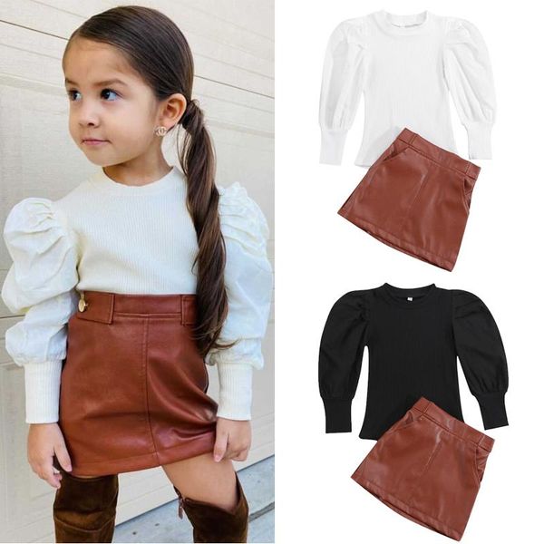 

clothing sets focusnorm 1-5y autumn fashion kids girls clothes 2pcs solid knit long puff sleeve sweater leather skirts, White