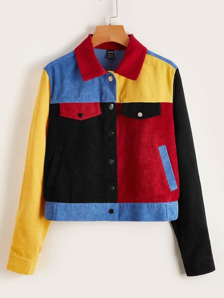 

color block slant pockets corduroy jacket e7uy#, Black;brown