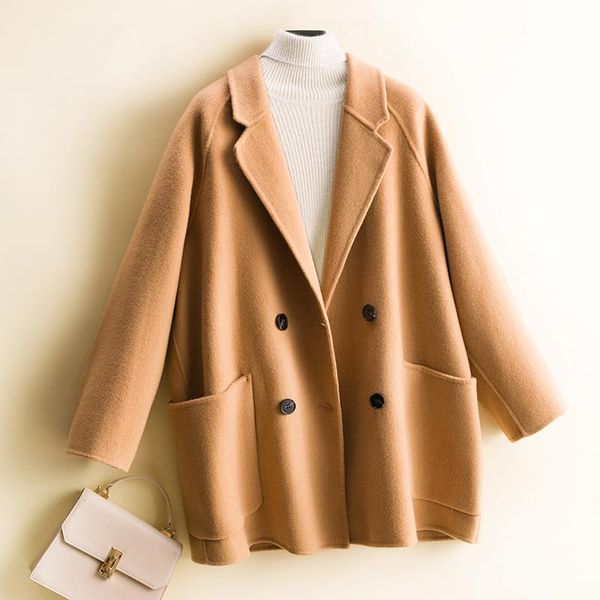 

women's wool & blends 100% coat for women cashmere blend long trench 2 sides woolen outwear jacket autumn winter, Black