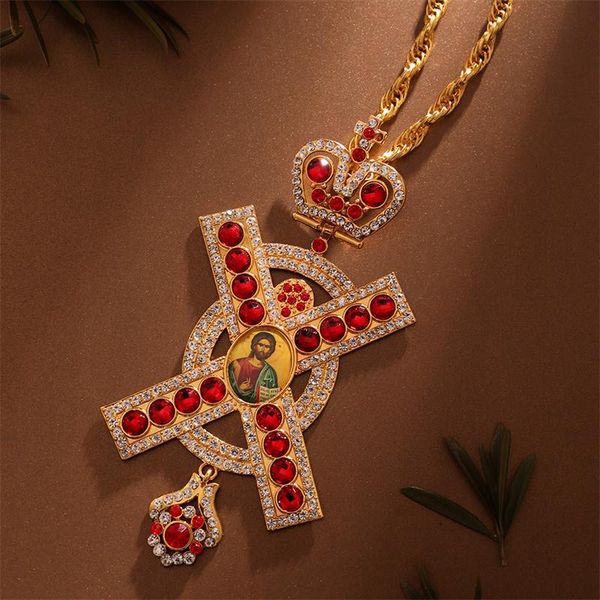 

pendant necklaces pectoral cross orthodox jesus round religious necklace rhinestone chain gold jewelry prayer, Silver