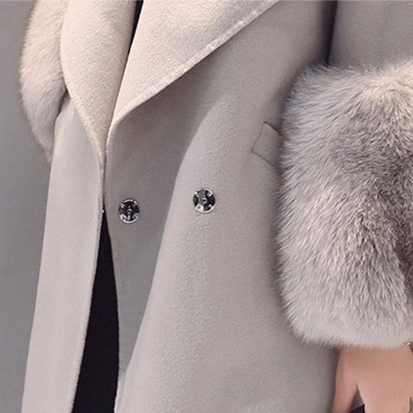 

women's wool & blends autumn winter women coat long sleeve faux fur patchwork jacket turndown collar solid color pockets lady casual ou, Black