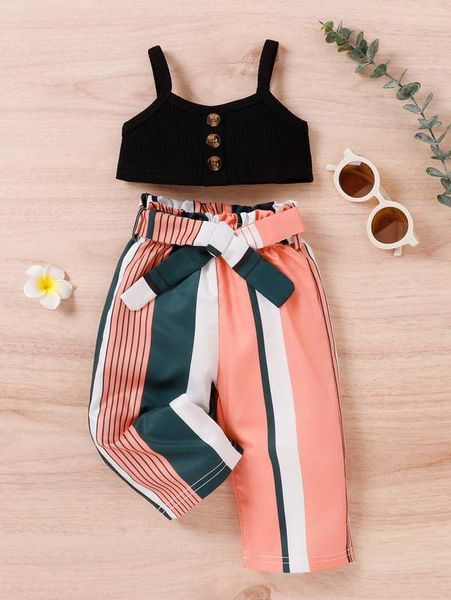 

baby fake button cami & vertical striped belted pants she, White