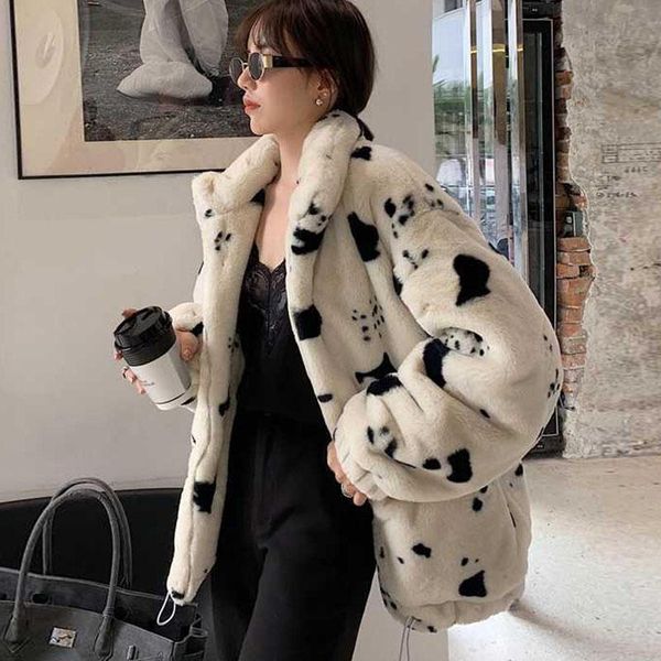 

women's fur & faux nice winter coat women thick warm turn-down collar plus size zipper print jacket, Black