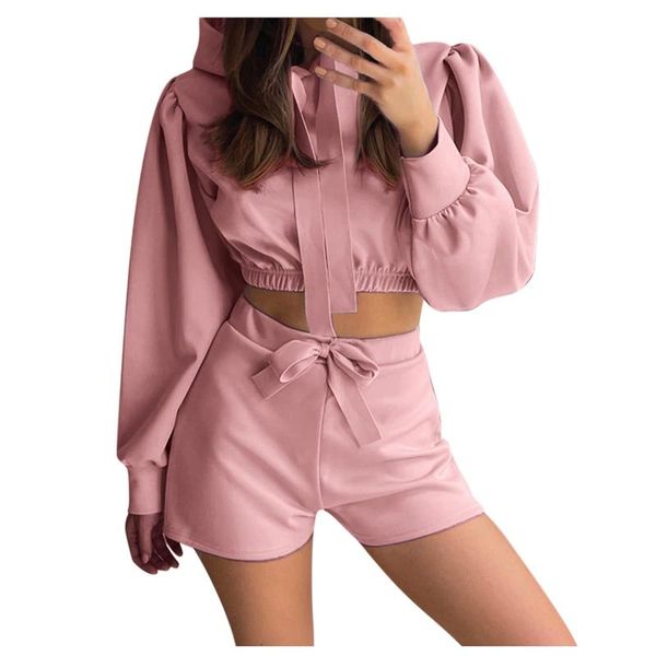

women's tracksuits fashion hooded sweatshirt shorts sets crop hoodies two piece set pure color drawstring short pants tracksuit women s, Gray