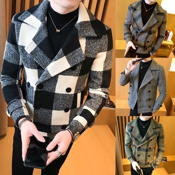 

men's jackets 2021 winter mens short woolen coat double breasted design casual windbreaker fashion retro tartan jacket, Black;brown