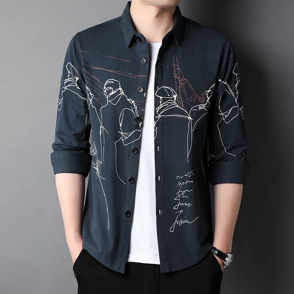 

2021 autumn middle-aged and young lapel letter printed shirt simple leisure fashion men's trend, Black