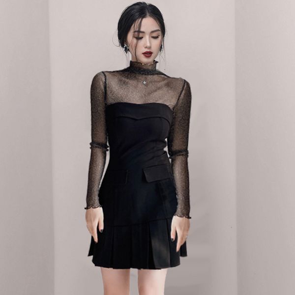 

2021 black spring knitted sequins long sleeve female bodycon dress turtleneck elegant runway night gown agtz, Black;gray