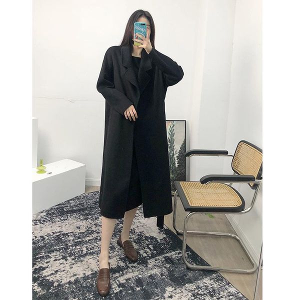 

women's wool & blends 2021 women autumn and winter product with belt blend double-sided woolen coat beige black mid-length