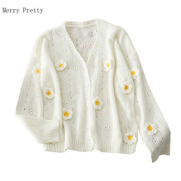 

floral appliques hollow out knitted casual women cardigan single breasted sweaters long sleeve v-neck korean girly 210526, White