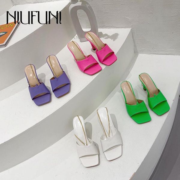 

slippers niufuni women's sandals 2021 high heels metal chain simple candy color square open toes solid casual slides women, Black