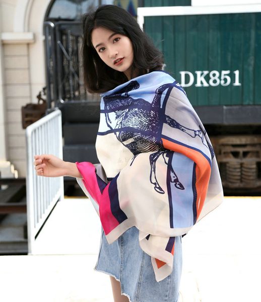

2021 spring and summer new satin imitation silk scarf women' printing soft seaside sunscreen beach towel shawl thin c26s, Blue;gray