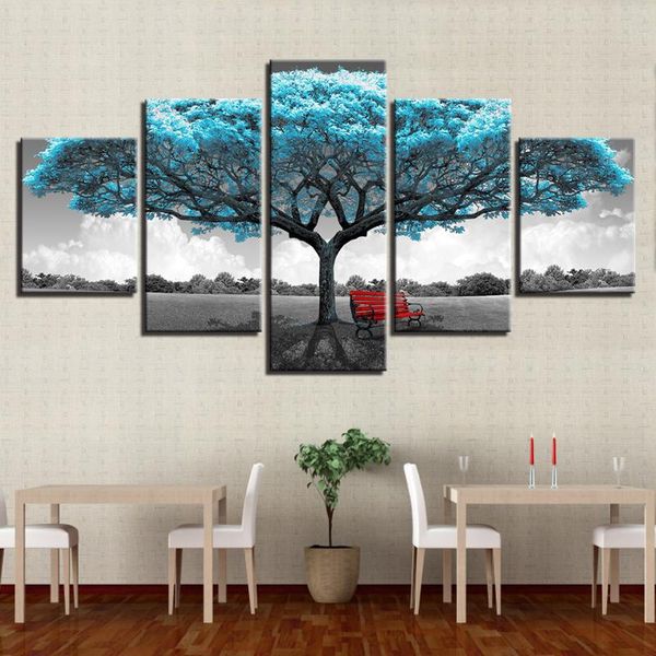 

canvas prints paintings framework living room decor 5 pieces blue big tree red chair pictures abstract landscape poster wall art other home