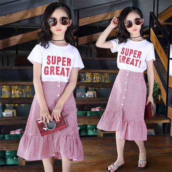

summer clothes for kids girls fashion outfit children cotton skirt sets letter print white t-shirt + plaid skirts 2pcs suit 210622