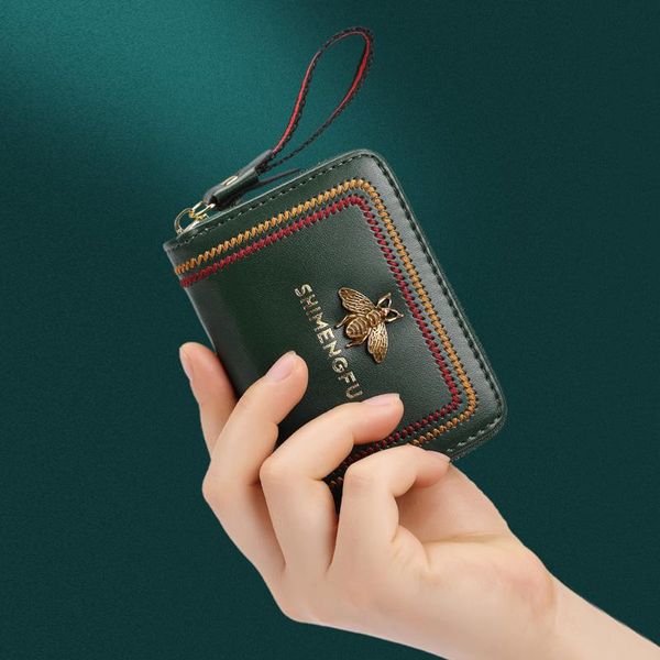 

card holders 2021 bag women's multi slot zipper short wallet ladies simple genuine leather small organ business cards holder, Brown;gray