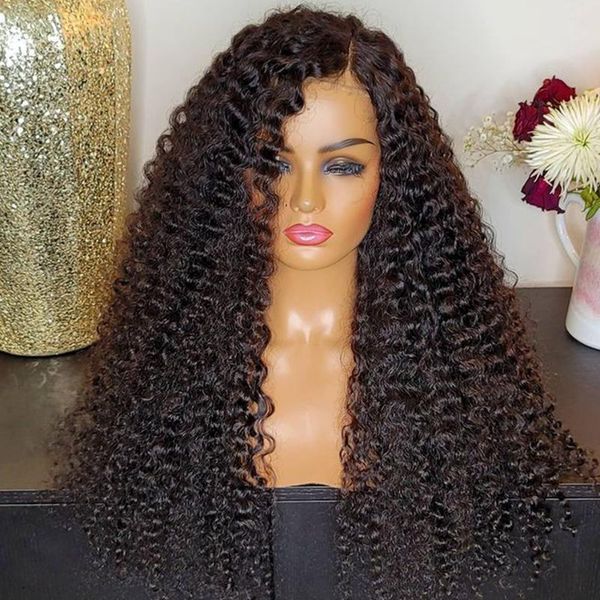 

synthetic wigs middle part 180% density preplucked natual black long deep wave lace front wig or women with baby hair kinky curly