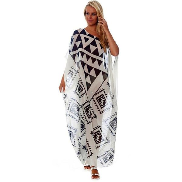 

women's swimwear chiffon printing bikini cover ups saida de praia pareo beach tunic dress kaftan long sarong plus size swimsuit, White;black