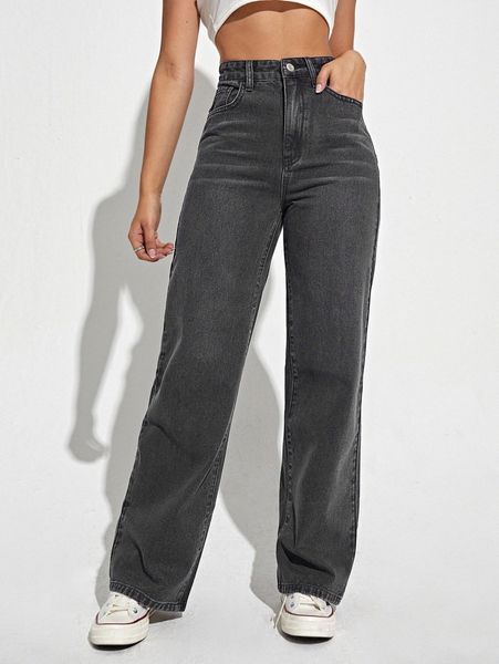 

high waist slant pocket straight leg jeans y6u4#, Blue
