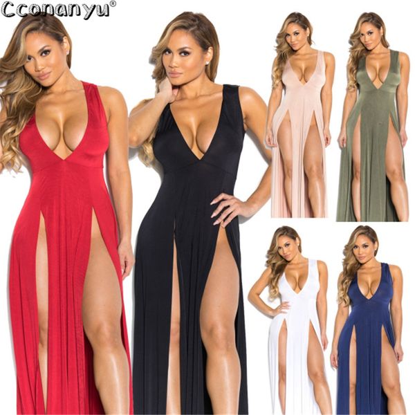 

2019 summer women ladies deep v-neck split dresses sleeveles party asymmetrical floor-length bandage dress x0521, Black;gray