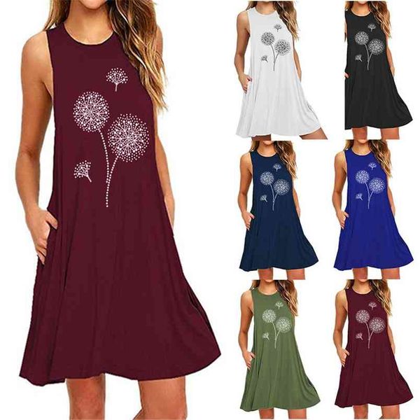 

summer dress for women dandelion print sleeveless slim a-line ladies casual loose round neck pullover es oversize 210517, Black;gray