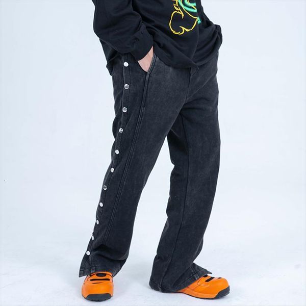 

harajuku high street side button women pant washed casual and straight drawstring loose sweat hip hop trousers, Black
