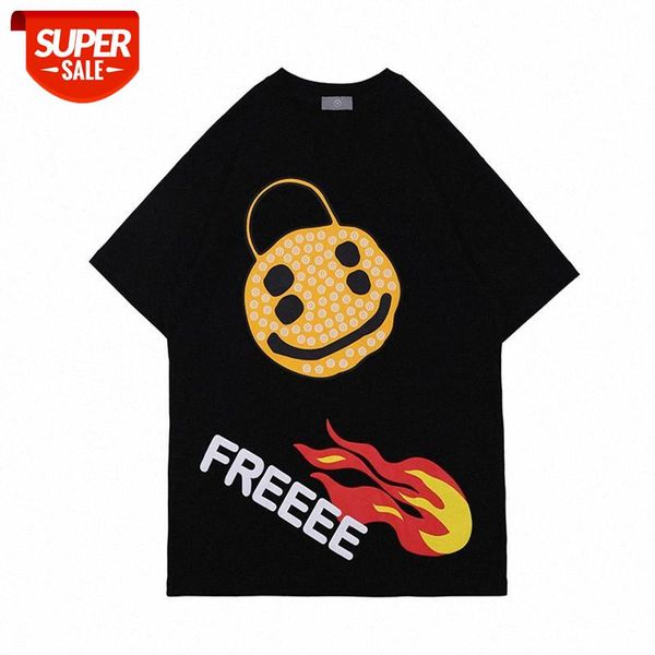

trendy high street hip-hop printed t-shirt loose fun smiling face flame printing short-sleeved tee men and women #gw3a, White;black