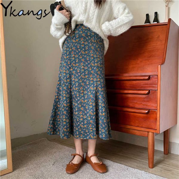 

vintage all match skirt trumpet mermaid sweet corduroy autumn floral printing high waist chic long mid-calf retro streetwear 210619, Black