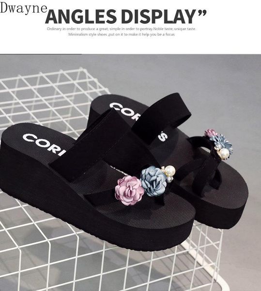 

slippers 2021 fashion wild korean version of the thick-soled sandals flowers beach and women summer wear fli, Black