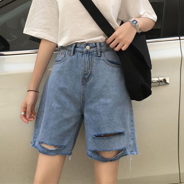

women's jeans korean version of 2021 summer look thin with straight students five-minute pants loose high waist hole jean shorts woman, Blue