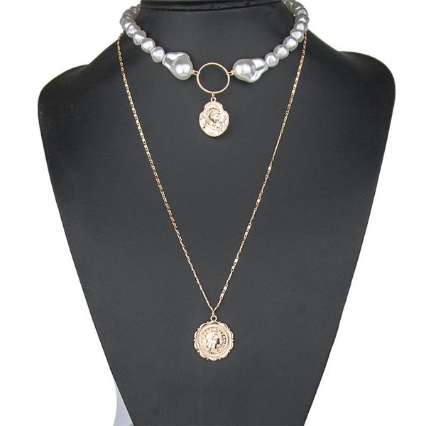

pendant necklaces women retro multilayer geometric necklace ladies metal pearl beads chain design jewelry gift, Silver