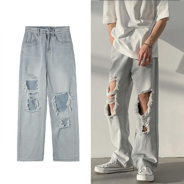

men's jeans summer ripped men light blue gray hole pants cropped trousers loose distressed frayed hip hop