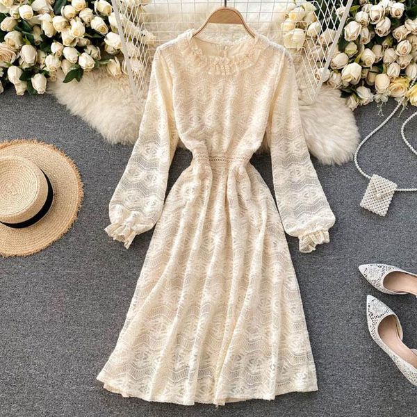 

casual dresses elegant party dress women 2021 sweet lotus leaf collar slim lace long sleeve high waist ladies midi vestidos, Black;gray