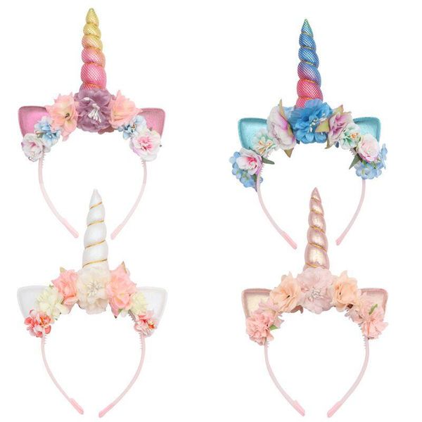 

unicorn baby girls hairband kids artificial flower headband children cat ears hair sticks headwear boutique hair accessories, Slivery;white