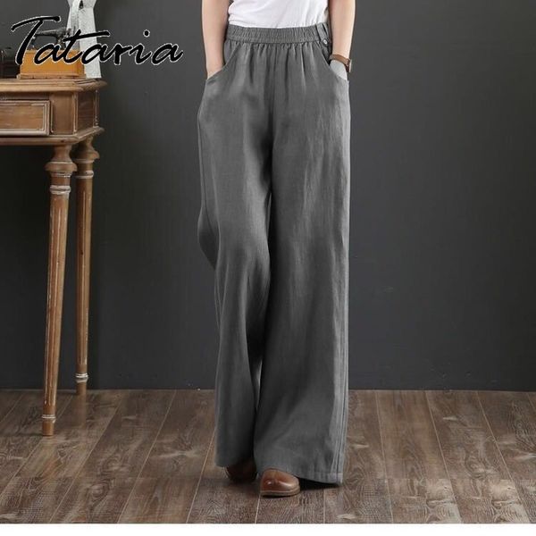 

women cotton linen pants casual plus size high waisted pants orange wide leg loose trousers female gray elegant streetwear 210319, Black;white