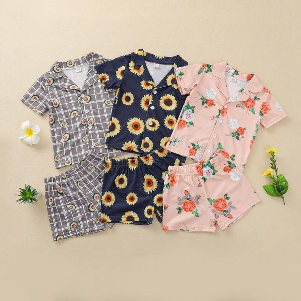 

summer baby girls 2pcs set sunflower print turn-down cut cotton t-shirt blouse short sleeve +shorts casual outfits clothing sets, White