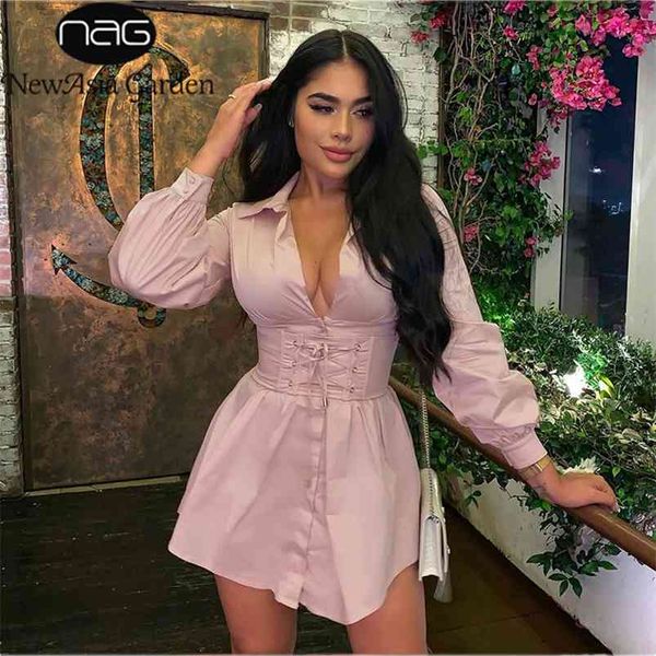 

asia long sleeve shirt dress with corset belt casual dress women vintage pink fashion party dresses mini white vestdos 210729, Black;gray